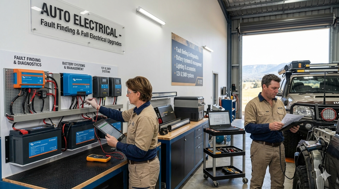 Auto electrician testing a caravan battery system in the workshop