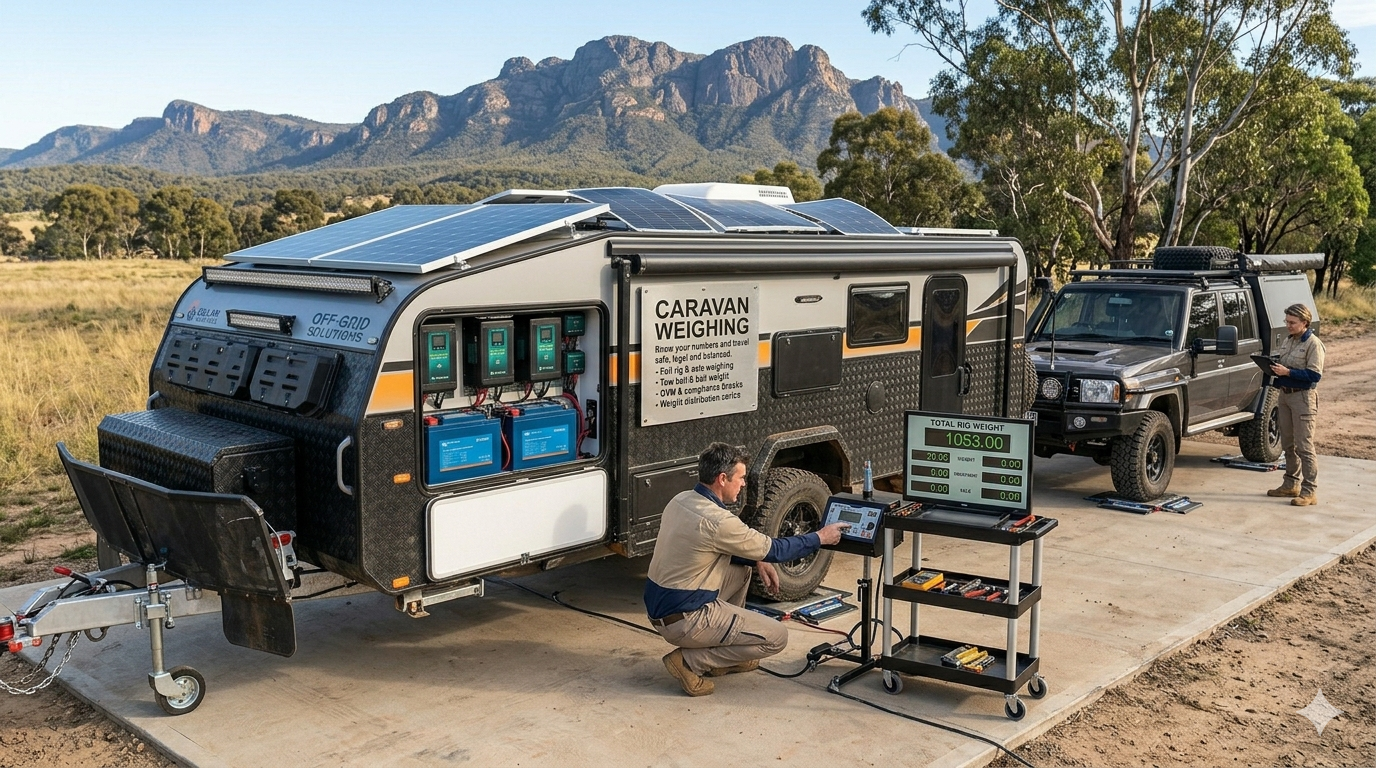 Technician weighing a caravan and tow vehicle on portable weight pads