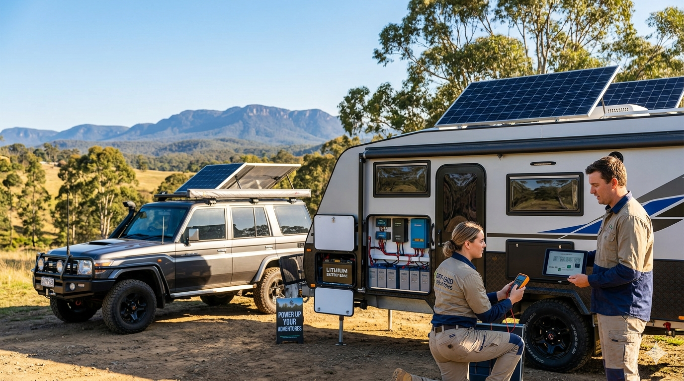 Wired2Roam technician installing solar panels on an off-grid caravan