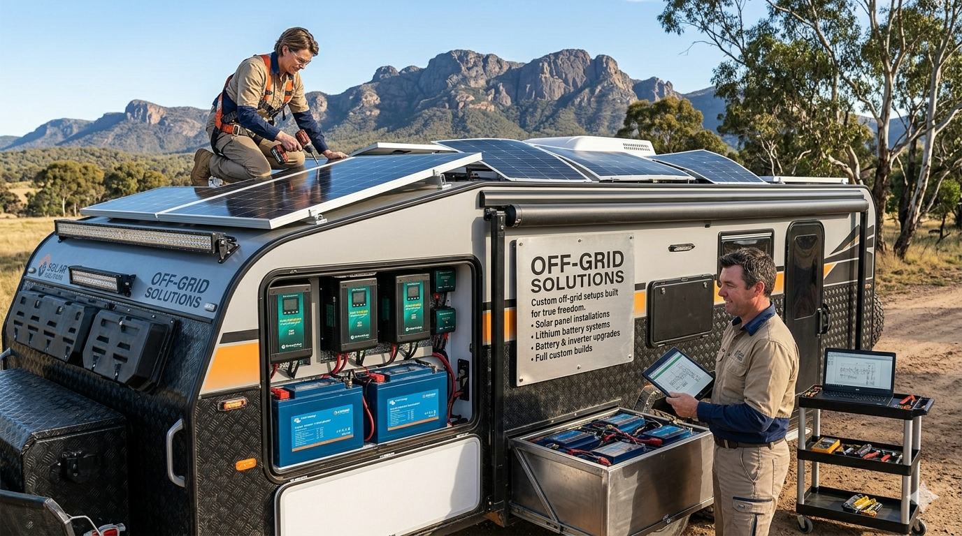 Lithium battery bank and solar setup beside an off-grid caravan