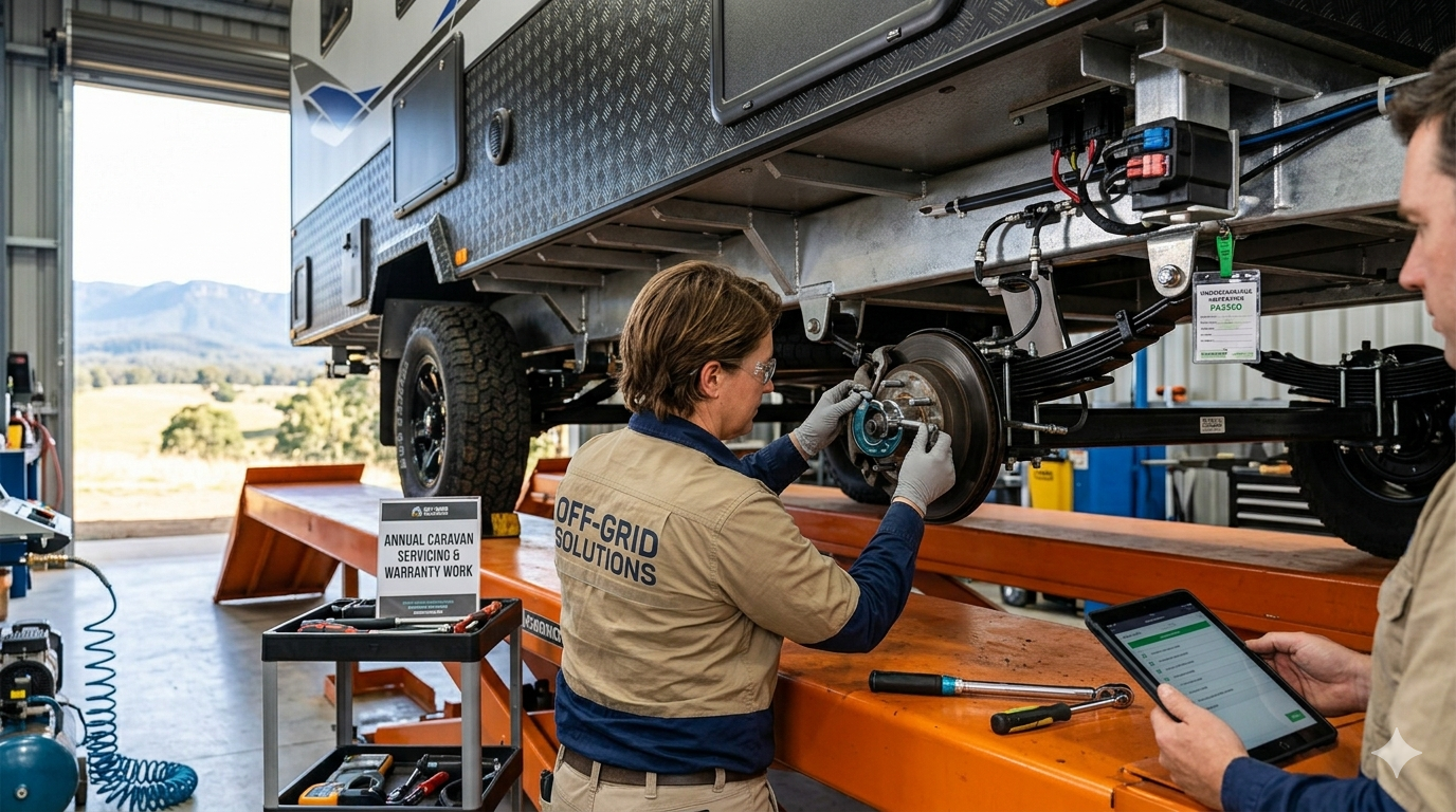 Technician servicing a caravan axle and brakes in the workshop